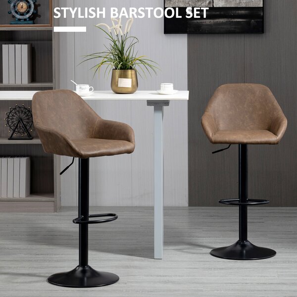HOMCOM Adjustable Bar Chair Set of 2 w/ Footrest and Backrest, PU Leather Steel Base, Swivel Bar Stools for Kitchen Counter, Dark Brown Aosom UK