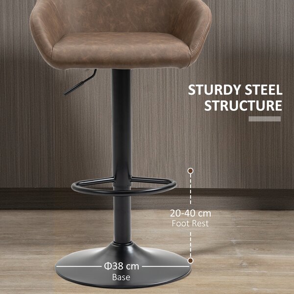 HOMCOM Adjustable Bar Chair Set of 2 w/ Footrest and Backrest, PU Leather Steel Base, Swivel Bar Stools for Kitchen Counter, Dark Brown Aosom UK