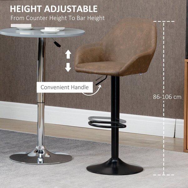 HOMCOM Adjustable Bar Chair Set of 2 w/ Footrest and Backrest, PU Leather Steel Base, Swivel Bar Stools for Kitchen Counter, Dark Brown Aosom UK