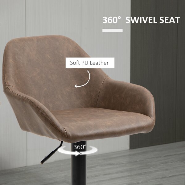 HOMCOM Adjustable Bar Chair Set of 2 w/ Footrest and Backrest, PU Leather Steel Base, Swivel Bar Stools for Kitchen Counter, Dark Brown Aosom UK