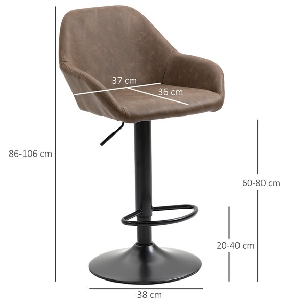 HOMCOM Adjustable Bar Chair Set of 2 w/ Footrest and Backrest, PU Leather Steel Base, Swivel Bar Stools for Kitchen Counter, Dark Brown Aosom UK