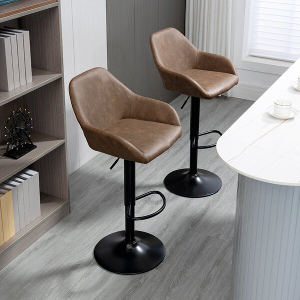 HOMCOM Adjustable Bar Chair Set of 2 w/ Footrest and Backrest, PU Leather Steel Base, Swivel Bar Stools for Kitchen Counter, Dark Brown Aosom UK