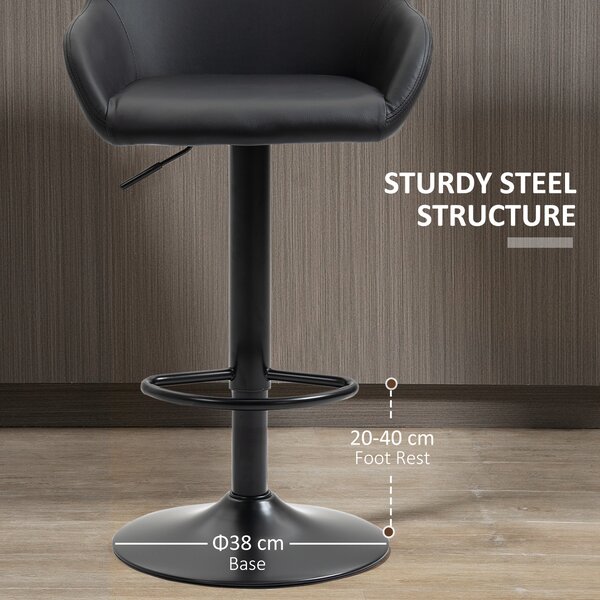 HOMCOM Bar Stools Set of 2, Height Adjustable Swivel Barstools, PU Leather Kitchen Stools with Backs, Armrests and Footrest, Black Aosom UK