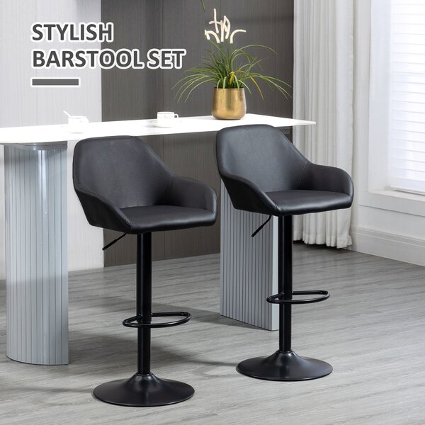 HOMCOM Bar Stools Set of 2, Height Adjustable Swivel Barstools, PU Leather Kitchen Stools with Backs, Armrests and Footrest, Black Aosom UK