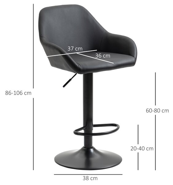 HOMCOM Bar Stools Set of 2, Height Adjustable Swivel Barstools, PU Leather Kitchen Stools with Backs, Armrests and Footrest, Black Aosom UK