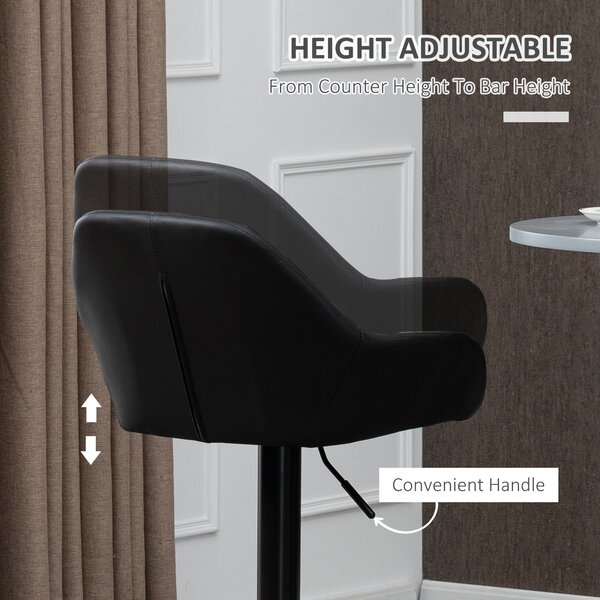 HOMCOM Bar Stools Set of 2, Height Adjustable Swivel Barstools, PU Leather Kitchen Stools with Backs, Armrests and Footrest, Black Aosom UK