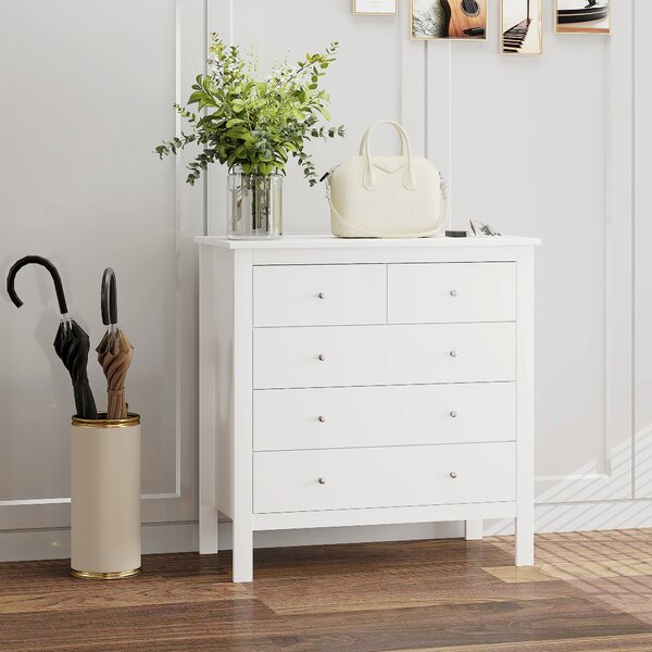 HOMCOM White Storage Cabinet with 5 Drawers, Chest of Drawers with Metal Handles and Runners for Bedroom Living room, Nursery, Closet Aosom UK
