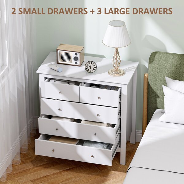 HOMCOM White Storage Cabinet with 5 Drawers, Chest of Drawers with Metal Handles and Runners for Bedroom Living room, Nursery, Closet Aosom UK