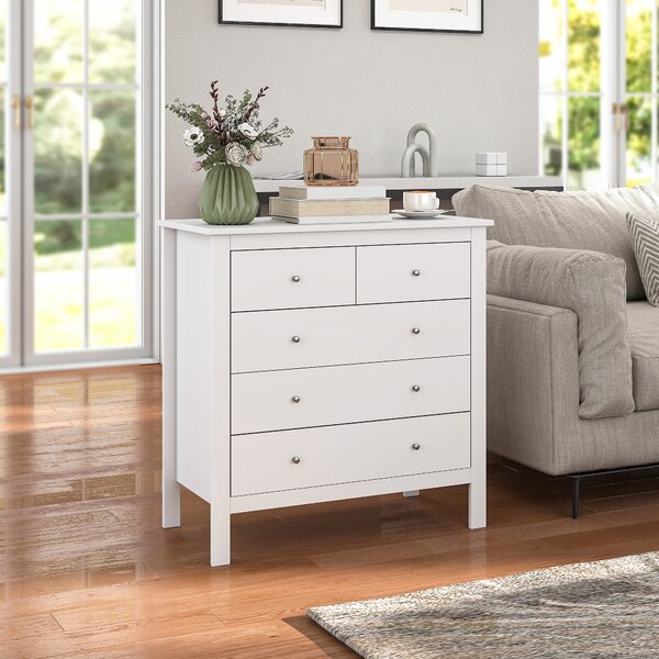 HOMCOM White Storage Cabinet with 5 Drawers, Chest of Drawers with Metal Handles and Runners for Bedroom Living room, Nursery, Closet Aosom UK