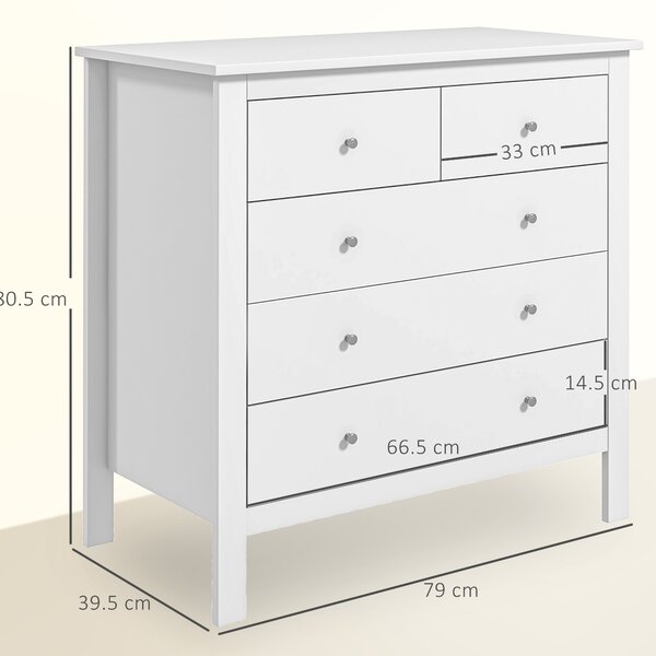 HOMCOM White Storage Cabinet with 5 Drawers, Chest of Drawers with Metal Handles and Runners for Bedroom Living room, Nursery, Closet Aosom UK