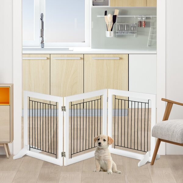 PawHut Dog Gate, Freestanding Pet Gate, Wooden Puppy Fence Foldable Design w/ 61 cm Height 3 Panels, 2 Support Feet, Doorway Stairs White Aosom UK
