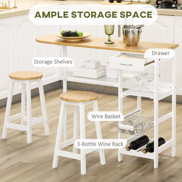 HOMCOM 3 Piece Bar Table and Stools w/ Storage Shelf, Drawer, Wire Basket & Wine Rack, Bar Table Set for Kitchen, Natural & White Aosom UK