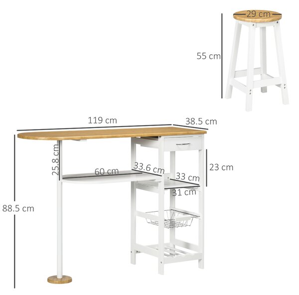 HOMCOM 3 Piece Bar Table and Stools w/ Storage Shelf, Drawer, Wire Basket & Wine Rack, Bar Table Set for Kitchen, Natural & White Aosom UK