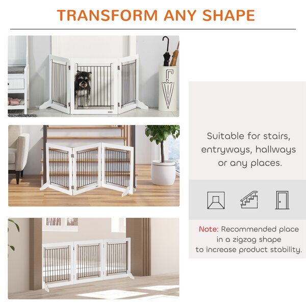 PawHut Dog Gate, Freestanding Pet Gate, Wooden Puppy Fence Foldable Design w/ 61 cm Height 3 Panels, 2 Support Feet, Doorway Stairs White Aosom UK