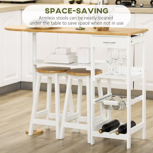 HOMCOM 3 Piece Bar Table and Stools w/ Storage Shelf, Drawer, Wire Basket & Wine Rack, Bar Table Set for Kitchen, Natural & White Aosom UK