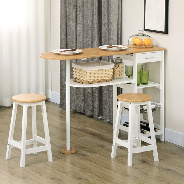 HOMCOM 3 Piece Bar Table and Stools w/ Storage Shelf, Drawer, Wire Basket & Wine Rack, Bar Table Set for Kitchen, Natural & White Aosom UK
