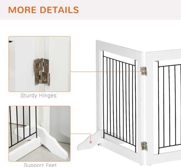 PawHut Dog Gate, Freestanding Pet Gate, Wooden Puppy Fence Foldable Design w/ 61 cm Height 3 Panels, 2 Support Feet, Doorway Stairs White Aosom UK