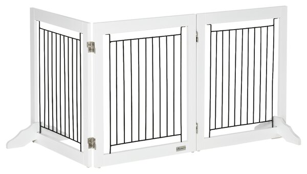 PawHut Dog Gate, Freestanding Pet Gate, Wooden Puppy Fence Foldable Design w/ 61 cm Height 3 Panels, 2 Support Feet, Doorway Stairs White Aosom UK