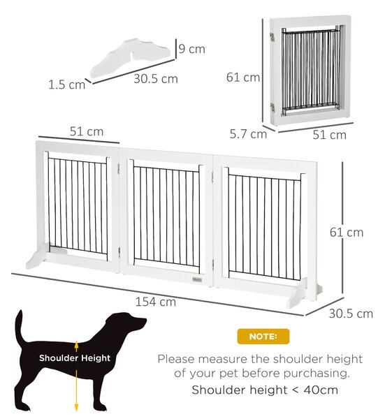 PawHut Dog Gate, Freestanding Pet Gate, Wooden Puppy Fence Foldable Design w/ 61 cm Height 3 Panels, 2 Support Feet, Doorway Stairs White Aosom UK