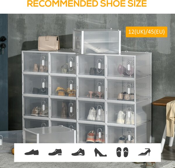 HOMCOM Stackable Clear Shoe Storage Box, 18PCS, Plastic with Magnetic Door, for Sizes up to UK 12/EU 46, Transparent Aosom UK