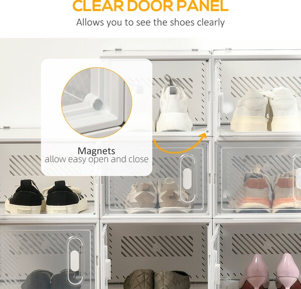HOMCOM Stackable Clear Shoe Storage Box, 18PCS, Plastic with Magnetic Door, for Sizes up to UK 12/EU 46, Transparent Aosom UK