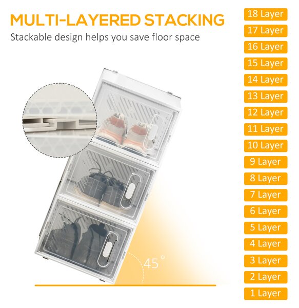 HOMCOM Stackable Clear Shoe Storage Box, 18PCS, Plastic with Magnetic Door, for Sizes up to UK 12/EU 46, Transparent Aosom UK