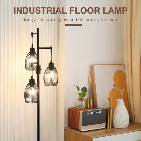 HOMCOM Industrial Floor Lights with Metal lampshades, 3-Light Floor Standing Lamp for Living Room, Bedroom, Dinging Room, Study, Black Aosom UK