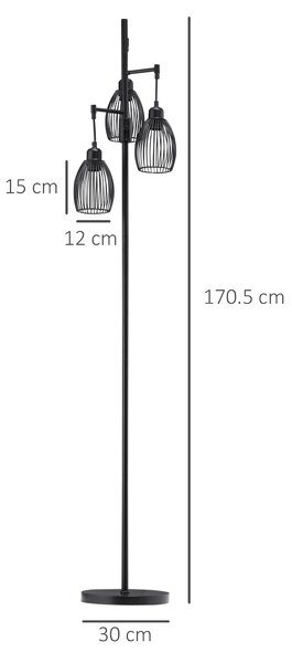 HOMCOM Industrial Floor Lights with Metal lampshades, 3-Light Floor Standing Lamp for Living Room, Bedroom, Dinging Room, Study, Black Aosom UK