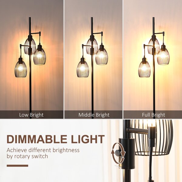 HOMCOM Industrial Floor Lights with Metal lampshades, 3-Light Floor Standing Lamp for Living Room, Bedroom, Dinging Room, Study, Black Aosom UK