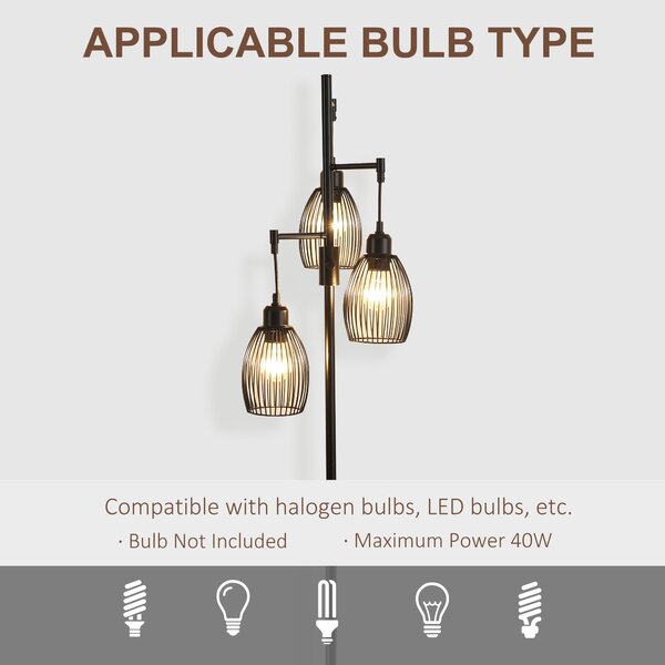 HOMCOM Industrial Floor Lights with Metal lampshades, 3-Light Floor Standing Lamp for Living Room, Bedroom, Dinging Room, Study, Black Aosom UK