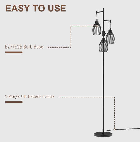 HOMCOM Industrial Floor Lights with Metal lampshades, 3-Light Floor Standing Lamp for Living Room, Bedroom, Dinging Room, Study, Black Aosom UK