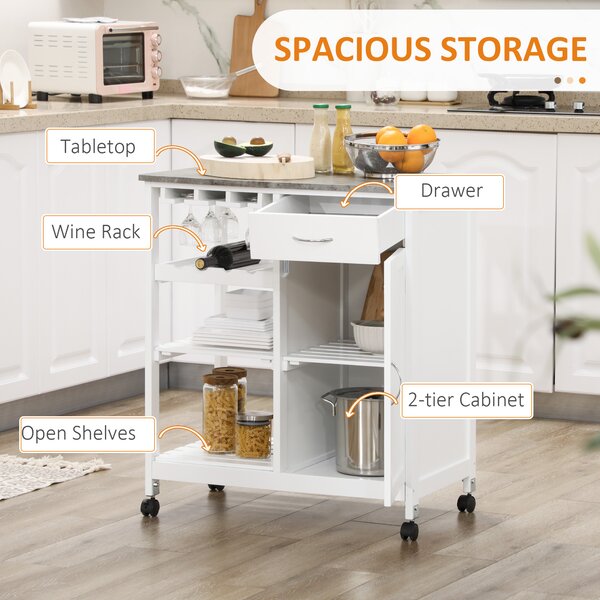 HOMCOM Compact Kitchen Trolley Utility Cart on Wheels with Wine Rack, Drawer, Open Shelf and Storage Cabinet for Dining Room, White Aosom UK