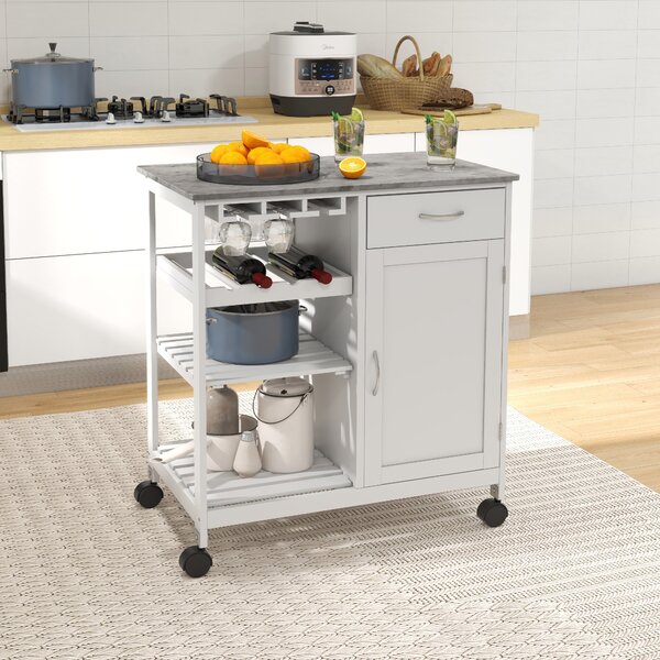 HOMCOM Compact Kitchen Trolley Utility Cart on Wheels with Wine Rack, Drawer, Open Shelf and Storage Cabinet for Dining Room, White Aosom UK
