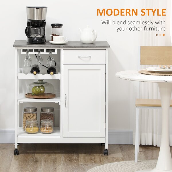 HOMCOM Compact Kitchen Trolley Utility Cart on Wheels with Wine Rack, Drawer, Open Shelf and Storage Cabinet for Dining Room, White Aosom UK
