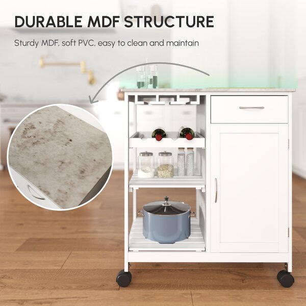 HOMCOM Compact Kitchen Trolley Utility Cart on Wheels with Wine Rack, Drawer, Open Shelf and Storage Cabinet for Dining Room, White Aosom UK