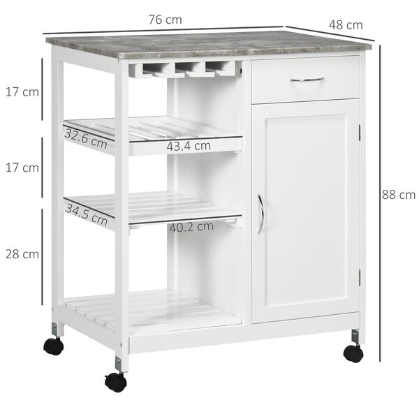 HOMCOM Compact Kitchen Trolley Utility Cart on Wheels with Wine Rack, Drawer, Open Shelf and Storage Cabinet for Dining Room, White Aosom UK