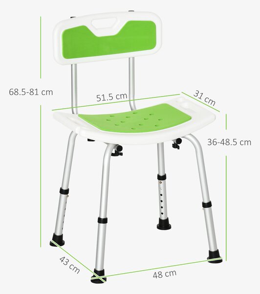 HOMCOM Shower Chair, 6-Level Height Adjustable Shower Stool with Backrest, Curved Seat, Anti-slip Foot Pads, 136kg Capacity, Green