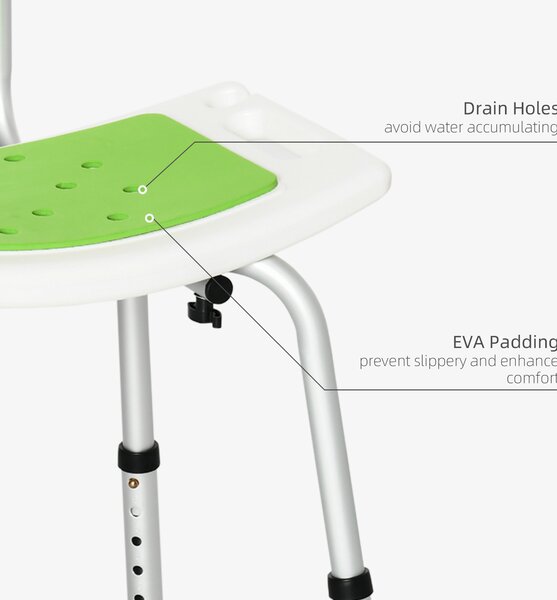 HOMCOM Shower Chair, 6-Level Height Adjustable Shower Stool with Backrest, Curved Seat, Anti-slip Foot Pads, 136kg Capacity, Green