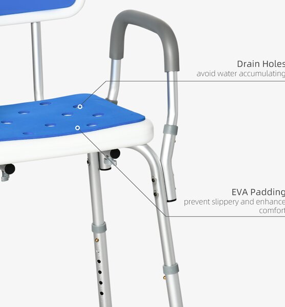 HOMCOM Shower Stools Shower Seat, EVA Padded, Height Adjustable with Back and Arms, 4 Suction Foot Pads, Blue Aosom UK