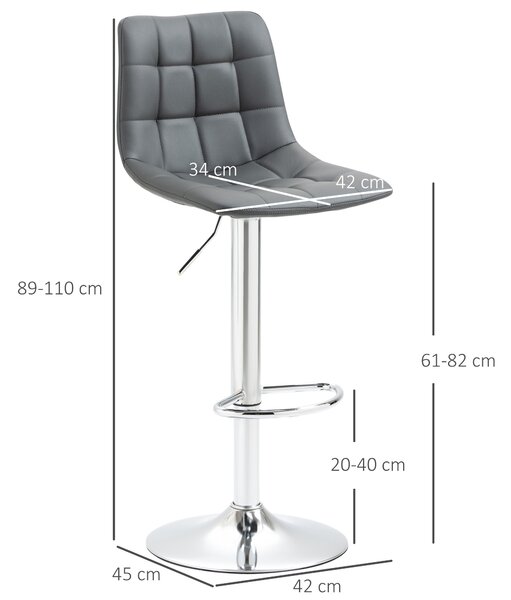 HOMCOM Bar Chair Set of 2, Adjustable Breakfast Dining Stools for Kitchen, Modern Counter Barstools with 360° Swivel and Footrest, Grey Aosom UK