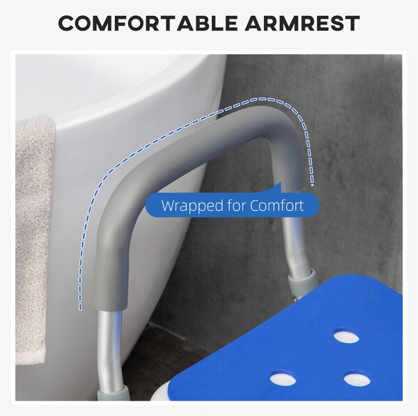 HOMCOM Shower Stools Shower Seat, EVA Padded, Height Adjustable with Back and Arms, 4 Suction Foot Pads, Blue Aosom UK