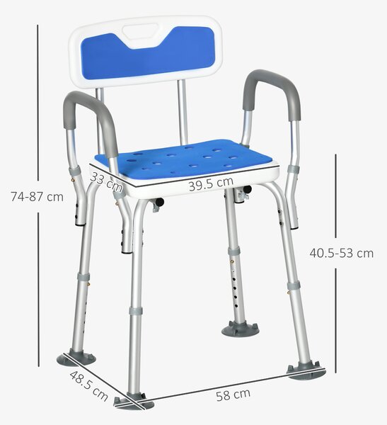HOMCOM Shower Stools Shower Seat, EVA Padded, Height Adjustable with Back and Arms, 4 Suction Foot Pads, Blue Aosom UK