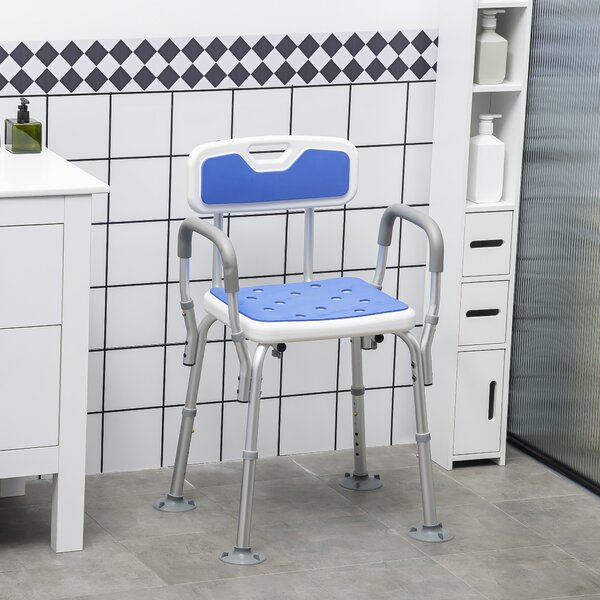 HOMCOM Shower Stools Shower Seat, EVA Padded, Height Adjustable with Back and Arms, 4 Suction Foot Pads, Blue Aosom UK