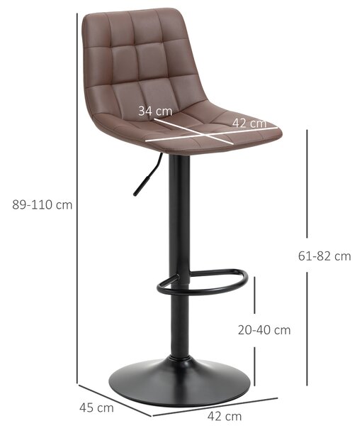 HOMCOM Adjustable Bar Chair Set of 2, Counter Height Bar Stools Dining Chairs 360° Swivel with Footrest for Home Pub and Kitchen, Brown Aosom UK