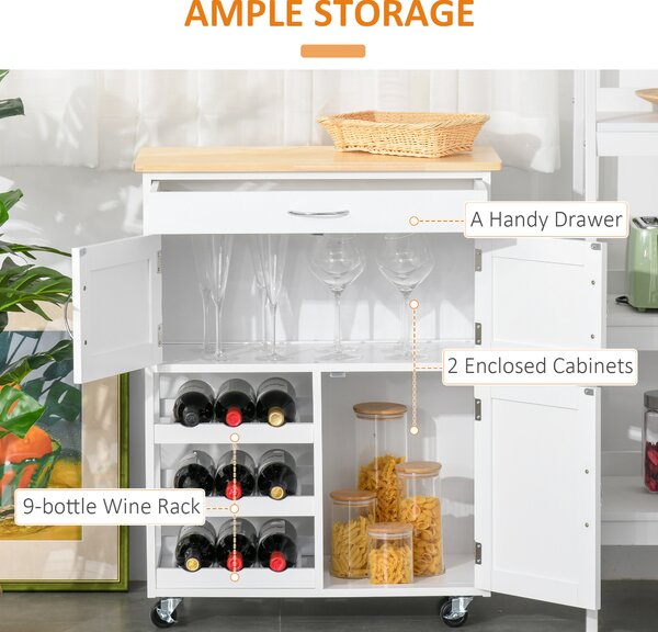 HOMCOM Modern Kitchen Trolley, Rolling Island Storage Cart with Drawer, 9-bottle Wine Rack, Door Cabinets, Wooden Countertop, White