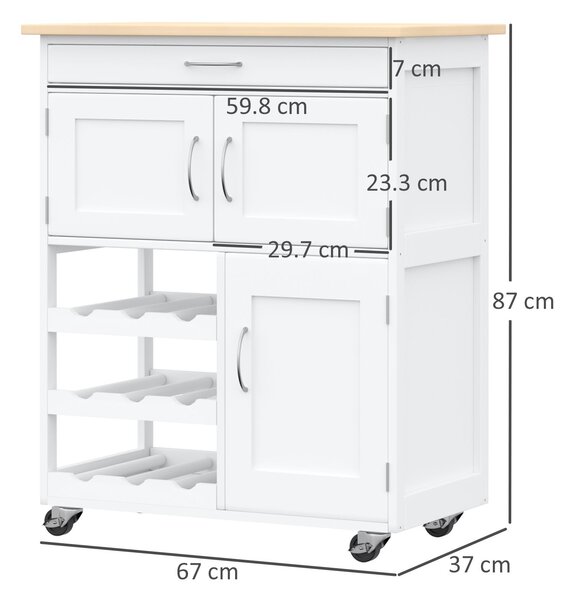 HOMCOM Modern Kitchen Trolley, Rolling Island Storage Cart with Drawer, 9-bottle Wine Rack, Door Cabinets, Wooden Countertop, White