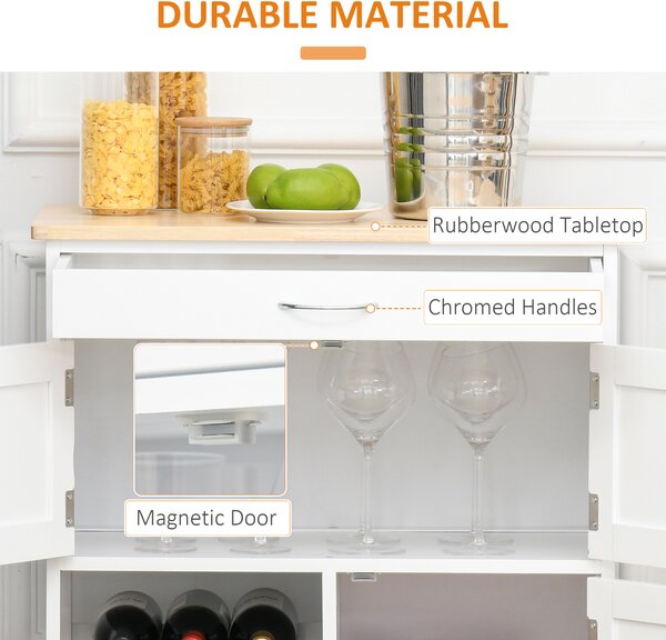 HOMCOM Modern Kitchen Trolley, Rolling Island Storage Cart with Drawer, 9-bottle Wine Rack, Door Cabinets, Wooden Countertop, White