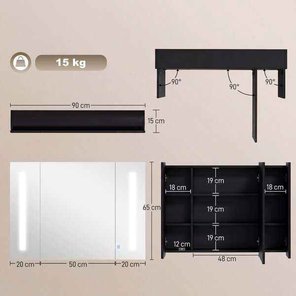 Kleankin LED Bathroom Cabinet with Mirror, Wall Mounted Dimmable Storage Organiser with 3 Mirrored Doors and Adjustable Shelves Aosom UK