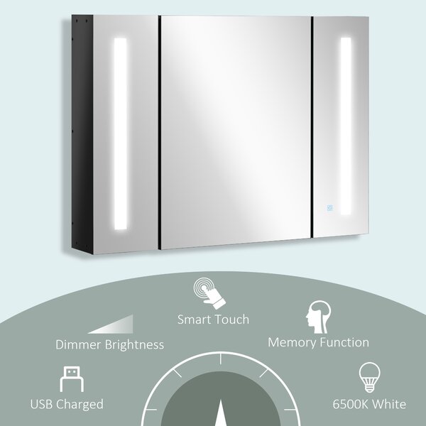 Kleankin LED Bathroom Cabinet with Mirror, Wall Mounted Dimmable Storage Organiser with 3 Mirrored Doors and Adjustable Shelves Aosom UK