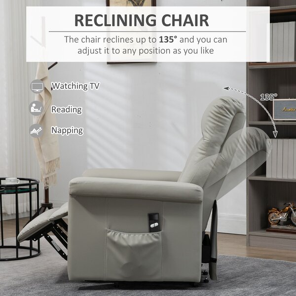 HOMCOM Power Lift Chair, PU Leather Recliner Sofa Chair for Elderly with Remote Control, Side Pocket, Grey Aosom UK